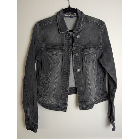 American Eagle Outfitters Jackets & Blazers - American Eagle Denim Jacket Women's Size Large Black Dark Wash Button Up Y2K